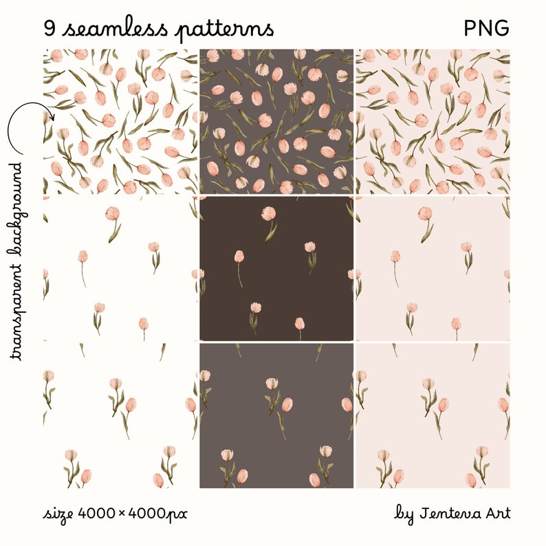 Puede incluir: Nueve patrones sin costuras con tulipanes rosas de acuarela sobre fondos blanco, rosa claro y marr&oacute;n. Los patrones son de 4000 x 4000 p&iacute;xeles y son de Jentervia Art.