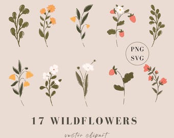 Wildflowers SVG, Flowers Clipart, Flower Branches PNG, Strawberry Illustrations, Botanical Clipart, Hand-Drawn Flowers and Plants SVG
