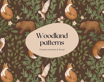 20 Woodland animals patterns, Woodlands Clipart, Cute Fox Bear Squirrel Owl Floral png, Forest pattern, Seamless pattern, Nursery Wall Art