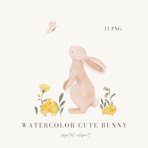 Imágenes prediseñadas de conejito lindo de acuarela, conejo PNG, imágenes prediseñadas florales de acuarela, arte de pared para guardería, ilustración de pollos, mariposa de acuarela PNG