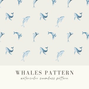 Watercolor Whales Seamless Pattern, Blue Whale Digital Paper, Sublimation for Fabric, Scrapbook Under Sea Pattern PNG, Sea Animals Print