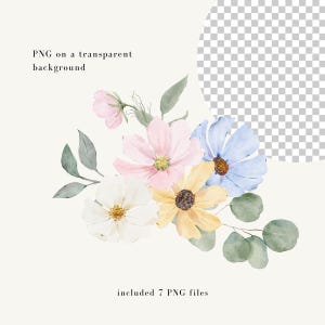 May include: A watercolour floral arrangement with white, pink, yellow, and blue flowers and green leaves. Text reads "PNG on a transparent background" and "included 7 PNG files".