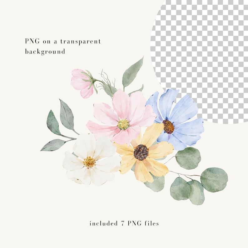 May include: A watercolour floral arrangement with white, pink, yellow, and blue flowers and green leaves. Text reads "PNG on a transparent background" and "included 7 PNG files".
