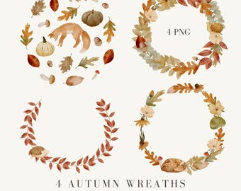 Watercolor Autumn Wreaths Clipart: Fall Forest PNG (Digital Download)