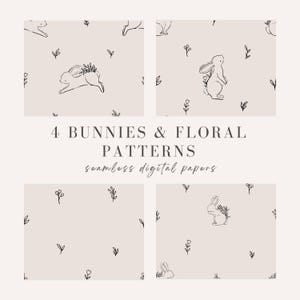Puede incluir: Cuatro patrones de papel digital sin costuras con conejos y elementos florales. Los patrones son en blanco y negro sobre un fondo beige claro.