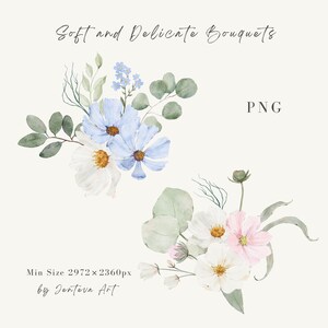 May include: Watercolour bouquets of blue, white, and pink flowers with green leaves. The image includes the text "Soft and Delicate Bouquets", "PNG", "Min Size 2972x2360px", and "by Jenteva Art".