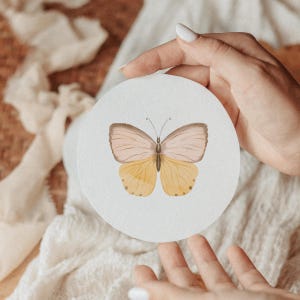 Puede incluir: Una tarjeta redonda y blanca con una ilustraci&oacute;n de acuarela de una mariposa. La mariposa tiene alas rosas y amarillas con contornos marrones y un cuerpo marr&oacute;n. La tarjeta es sostenida por una persona.