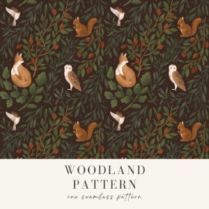 May include: A seamless woodland pattern featuring foxes, squirrels, owls, and birds amidst green foliage and brown branches on a dark brown background. The text "WOODLAND PATTERN" and "one seamless pattern" are at the bottom.