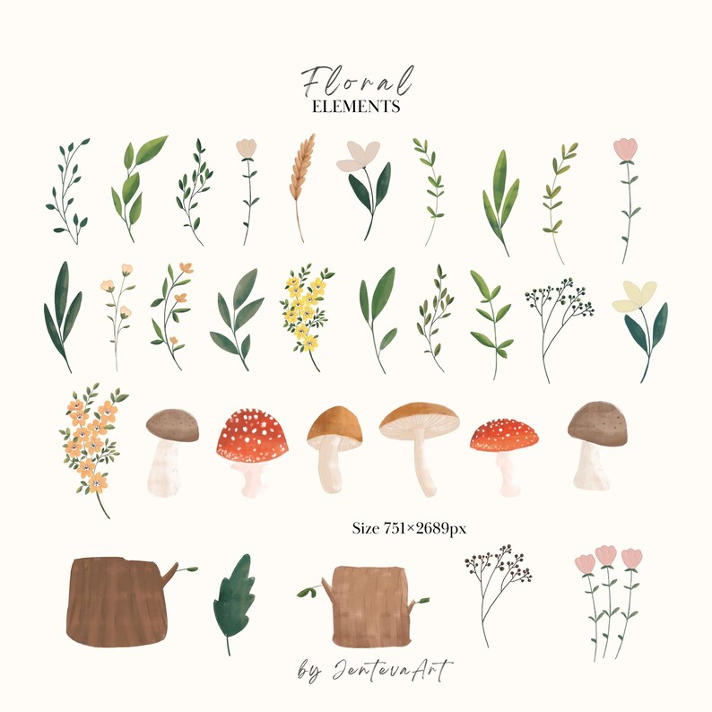 K&ouml;nnte beinhalten: Eine digitale Sammlung von Aquarellillustrationen mit dem Titel Floral Elements von JentevaArt. Das Set enth&auml;lt verschiedene gr&uuml;ne Bl&auml;tter, St&auml;ngel, kleine rosa und gelbe Blumen, Weizenhalme, sechs verschiedene Pilze sowie zwei braune Baumst&uuml;mpfe.