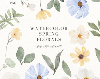 Imágenes prediseñadas florales en acuarela: Flores y hojas PNG (Descarga digital)