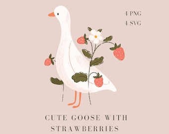 Cute Goose clipart, Goose SVG, Strawberry clipart, Cute Goose PNG, Nursery Wall Art, Goose Illustration, Cute Goose SVG