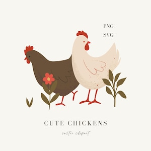Poulet mignon SVG, clipart fleurs sauvages, poulets dessinés à la main, fleurs des cliparts, poule mignonne PNG, art mural chambre d'enfant, illustrations d'animaux, SVG floral