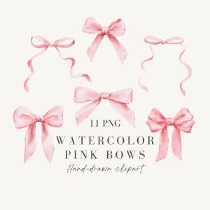 Puede incluir: Ilustración en acuarela de once lazos rosas en varios estilos. Los lazos están dibujados a mano y tienen un aspecto suave y delicado. El texto en la imagen dice "11 PNG WATERCOLOR PINK BOWS Hand-drawn clipart."