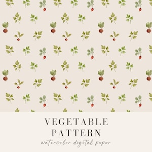 Op de afbeelding: Waterverf digitaal papier met een herhalend patroon van groenten. Het ontwerp toont kleine, ronde rode radijsjes met groene bladeren en takjes groene bladeren op een crèmekleurige achtergrond. De tekst "VEGETABLE PATTERN" staat onderaan.