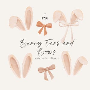 Może przedstawiać: Siedem akwarelowych ilustracji uszu króliczych i kokardek. Uszy są różowe, a kokardki brzoskwiniowe.