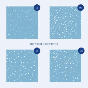 May include: Four blue squares with white dots of varying sizes and densities. The squares are numbered 05, 06, 07, and 08. The text "FOR ADOBE ILLUSTRATOR" appears below the squares.