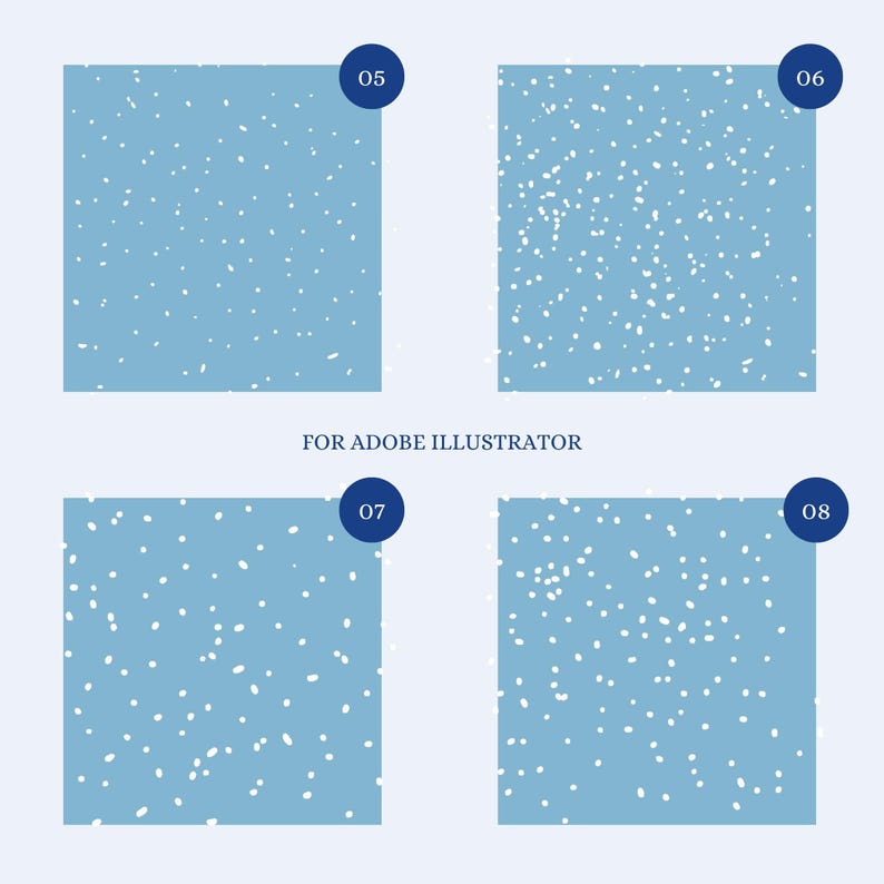 May include: Four blue squares with white dots of varying sizes and densities. The squares are numbered 05, 06, 07, and 08. The text "FOR ADOBE ILLUSTRATOR" appears below the squares.