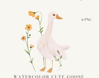 Watercolor Cute Goose Clipart, Goose PNG, Watercolor Floral Clipart, Nursery Wall Art, Goose Illustration, Watercolor Butterfly PNG