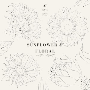 Girassol SVG, Clipart de Girassol Delicado, SVG Floral, Flor de Arte de Linha PNG, Clipart de Girassol de Contorno, Folhas e Flor Arte de Linha Desenhada à Mão