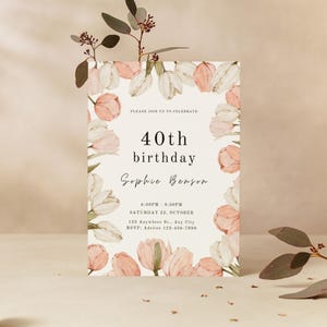 Modello modificabile per invito per il 40° compleanno Canva, modello per compleanno donna, invito con tulipani acquerellati, cornice con tulipani, modello floreale