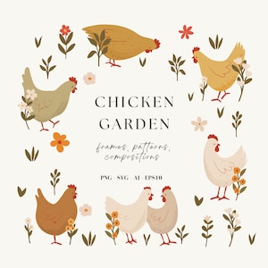 Adorables poulets SVG, poulet cadres PNG, clipart fleurs et poules, jolis numéros de poule, modèles sans couture de poulet, clipart fleurs sauvages