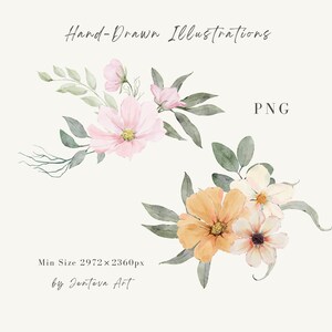 May include: Watercolour floral illustrations with pink and orange flowers and green leaves. The image includes the text "Hand-Drawn Illustrations" and "PNG". The minimum size is 2972 x 2360px, by Jenteva Art.