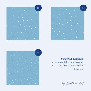 May include: Three blue squares with white dots, numbered 13, 14, and 15. Text below reads "YOU WILL RECEIVE: 15 snowfall vector brushes .pdf file "How to Instal Brushes" by Jenteva Art"