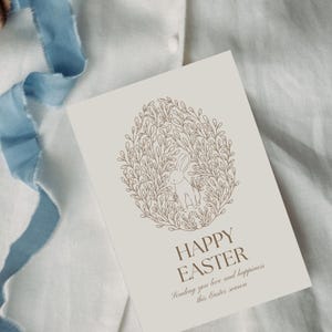 Bearbeitbare Canva Oster-Postkartenvorlagen, druckbarer sofortiger Download, Smartphone-Karte mit Line Art Osterei, Hase und Blumen Clipart