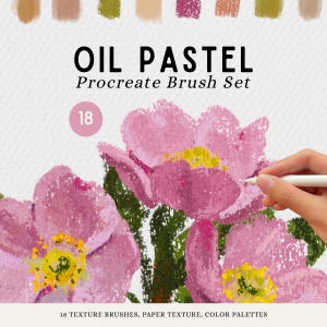 Op de afbeelding: Afbeelding van een digitale kunstset met het label "OIL PASTEL Procreate Brush Set". De afbeelding toont roze bloemen met gele centra en groene bladeren. Het nummer "18" staat in een roze cirkel. De tekst onderaan luidt "18 TEXTURE BRUSHES, PAPER TEXTURE, COLOR PALETTES."