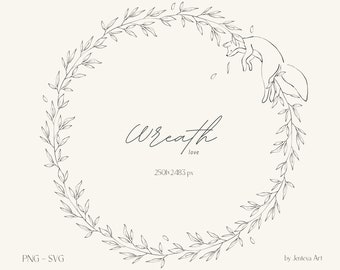 Delicate line art botanical wreath with cute fox - SVG - PNG - Commercial Use