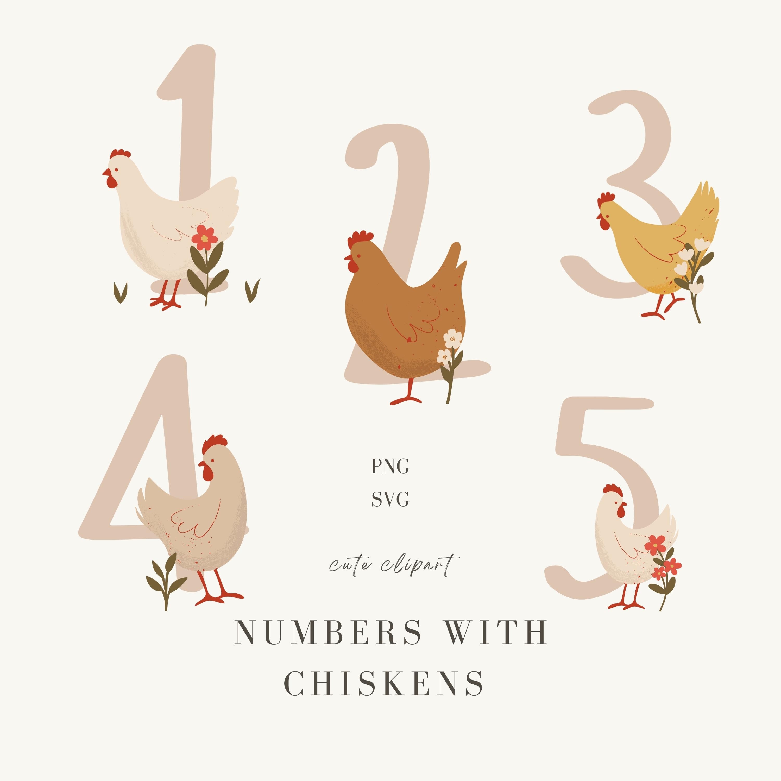 Adorable Chickens Numbers 0-9, Birthday Numbers SVG, Chicken Clipart, Hen SVG, Birthday Numbers Clipart, Numbers with Chicken & Floral SVG