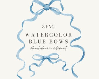 Clipart de lazos azules de acuarela, ilustraciones de cintas pintadas a mano (8 PNG, descarga digital)