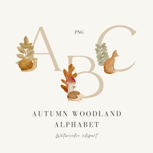Alfabeto de bosque otoñal en acuarela, imágenes prediseñadas, letras, animales del bosque, imágenes prediseñadas del alfabeto del bosque, letras de animales, alfabeto PNG, otoño PNG