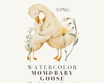 Watercolor Mom and Baby Goose Clipart, Hand Painted Duck Family (5 PNG, Digital Download)