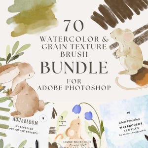 Photoshop-penselpaket: Akvarell- och texturpenslar, papperstexturer (70 penslar, digital nedladdning)