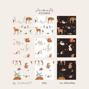 K&ouml;nnte beinhalten: Eine digitale Sammlung von neun nahtlosen Mustern mit Aquarellillustrationen von Rehen, Kaninchen, F&uuml;chsen, Igeln, Schnecken und Pilzen. Die Designs sind auf hellen, wei&szlig;en und dunklen Hintergr&uuml;nden mit dem Text Animals PATTERNS dargestellt.