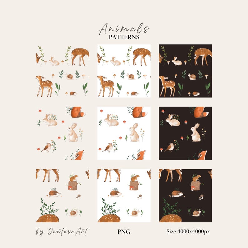 K&ouml;nnte beinhalten: Eine digitale Sammlung von neun nahtlosen Mustern mit Aquarellillustrationen von Rehen, Kaninchen, F&uuml;chsen, Igeln, Schnecken und Pilzen. Die Designs sind auf hellen, wei&szlig;en und dunklen Hintergr&uuml;nden mit dem Text Animals PATTERNS dargestellt.