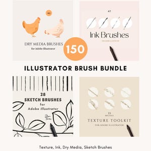 Op de afbeelding: Een Illustrator-penseelbundel met 150 digitale assets, waaronder droge mediapenseel met kipillustraties, 47 inktpenseel, 28 schetspenseel met lijntekeningen van bladeren en een textuurtoolkit met 35 penseel voor Adobe Illustrator-software.