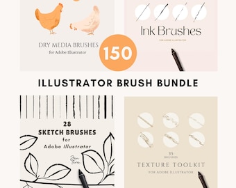 Adobe Illustrator Brush Bundle: Ink, Dry Media, Sketch Brushes, Texture Toolkit (150 Brushes, AI files)