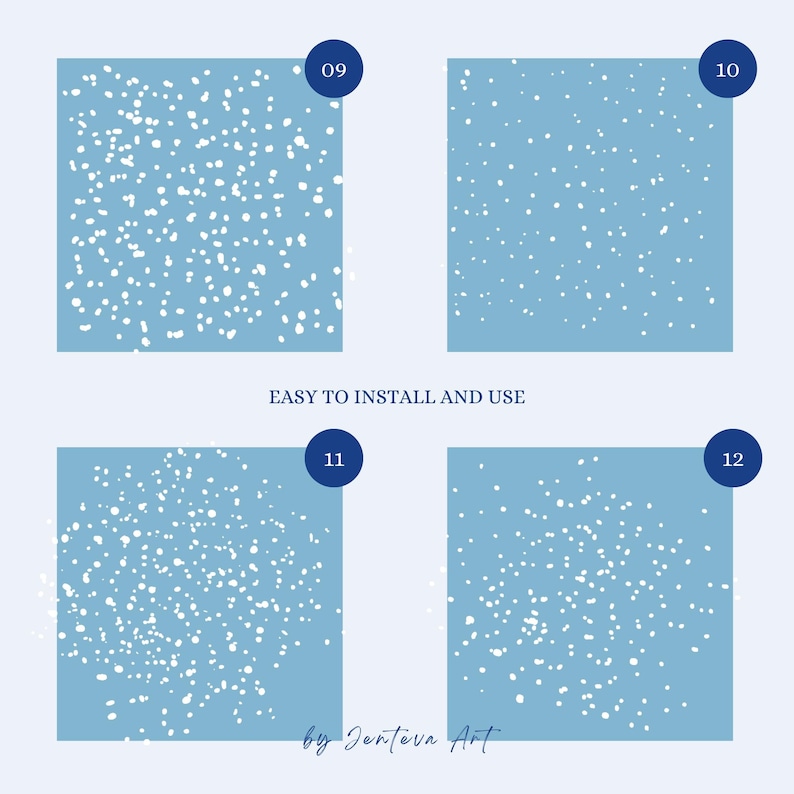 May include: Four digital paper patterns with a light blue background and white dots. The patterns are numbered 09, 10, 11, and 12. The text "EASY TO INSTALL AND USE" is below the top row of patterns. The text "by Derteva Art" is below the bottom row of patterns.