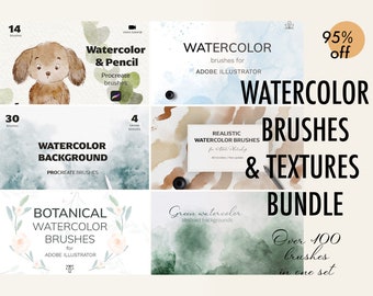 Over 100 Watercolor brushes & textures bundle, AI, PS, Procreate - Commercial Use