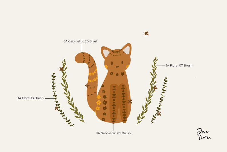 May include: A brown cat with geometric and floral patterns sits in the center of the image. The cat is surrounded by green leafy branches. The text "Jen Teva." is in the lower right corner of the image.