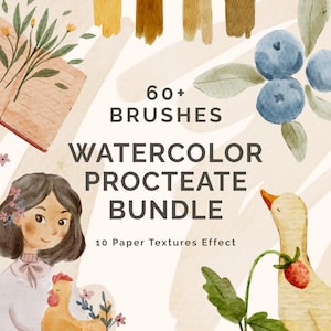 May include: A digital art bundle featuring 60+ brushes and 10 paper textures for Procreate. The graphic displays watercolor illustrations of a person with a chicken, blueberries, and a duck with a strawberry, with the text 60+ BRUSHES WATERCOLOR PROCTEATE BUNDLE.