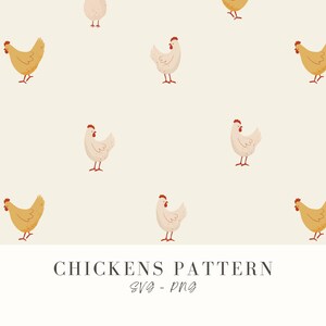May include: A seamless pattern featuring a repeating design of brown and beige chickens. The chickens are facing different directions and have red combs. The background is a light beige colour. The text "CHICKENS PATTERN SVG - PNG" is at the bottom of the image.