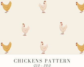 Cute Chickens Seamless Pattern, Farmhouse Fabric (SVG, PNG)