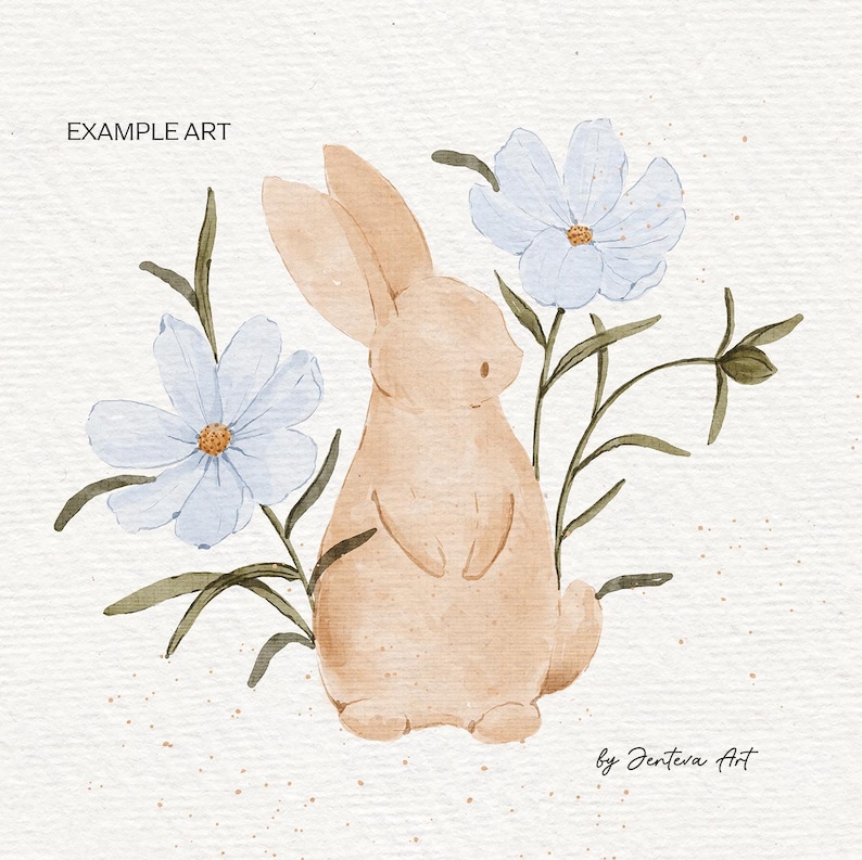 Pode incluir: Uma ilustra&ccedil;&atilde;o em aquarela de um coelho marrom claro em p&eacute; na frente de duas flores azuis com caules verdes. O texto "EXAMPLE ART" est&aacute; no topo da imagem e o texto "by Jenteva Art" est&aacute; na parte inferior da imagem.