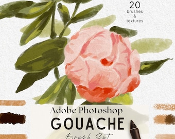 Può includere: Un set di arte digitale con 20 pennelli e texture per Adobe Photoshop. La grafica mostra una peonia rosa dipinta con foglie verdi, accompagnata da campioni di colore marrone e beige e uno stilo nero su uno sfondo bianco.