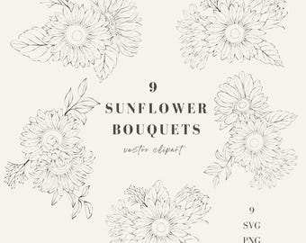 Sunflower Bouquet Line Art: Floral SVG Clipart (Digital Download)