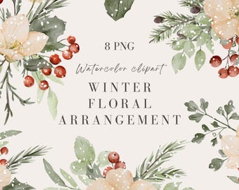 Op de afbeelding: Waterverf clipart met winterse bloemarrangementen. Het ontwerp bevat beige bloemen, rode bessen en groene bladeren met witte sneeuw. De tekst luidt "8 PNG" en "Winter Floral Arrangement".