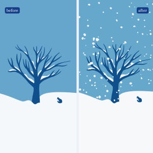 May include: A before and after illustration of a bare tree in a snowy landscape. The left side shows the tree without snow, while the right side shows the tree with snow falling around it. The text "before" appears above the left side of the image, and the text "after" appears above the right side of the image.